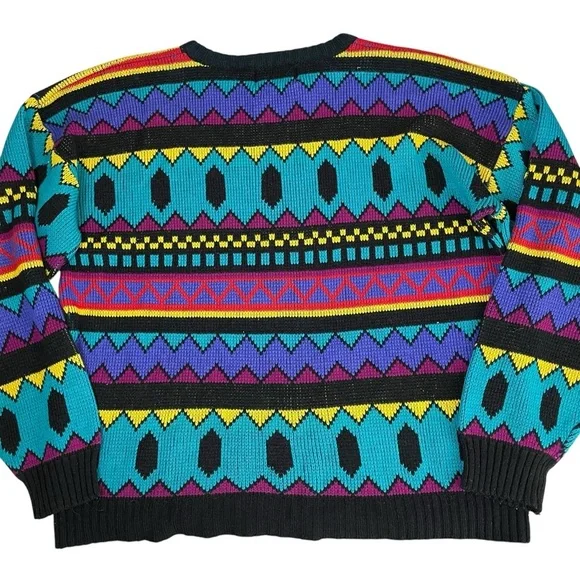 Vintage 90’s Chauvin Geometric Retro Turquoise Knit Sweater - Picture 2 of 8